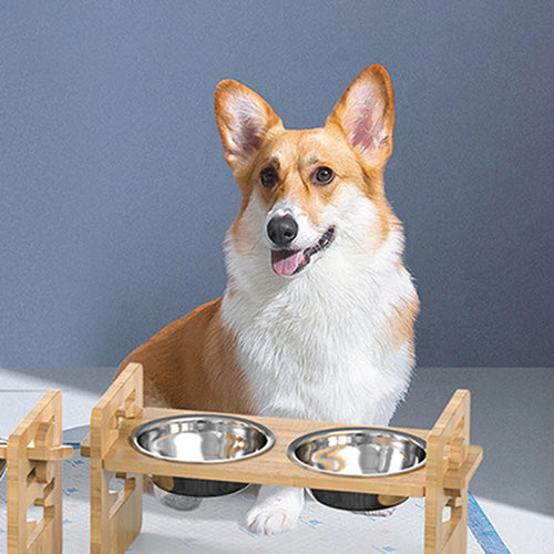 2PCS  Bamboo And Wood Adjustable Cat And Dog Feeding Rack Cat Bowl