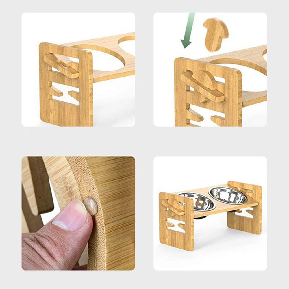 2PCS  Bamboo And Wood Adjustable Cat And Dog Feeding Rack Cat Bowl