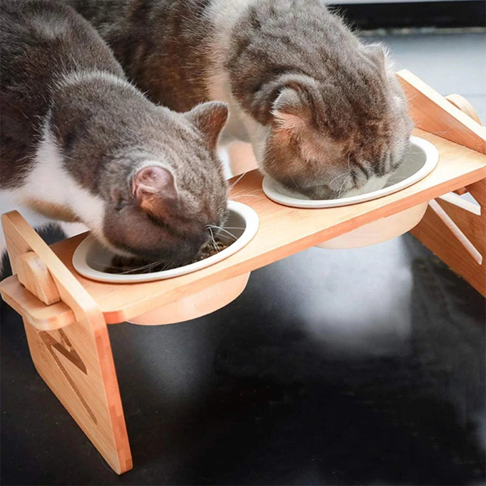 2PCS  Bamboo And Wood Adjustable Cat And Dog Feeding Rack Cat Bowl