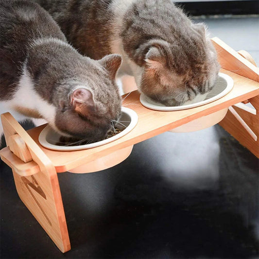 2PCS  Bamboo And Wood Adjustable Cat And Dog Feeding Rack Cat Bowl
