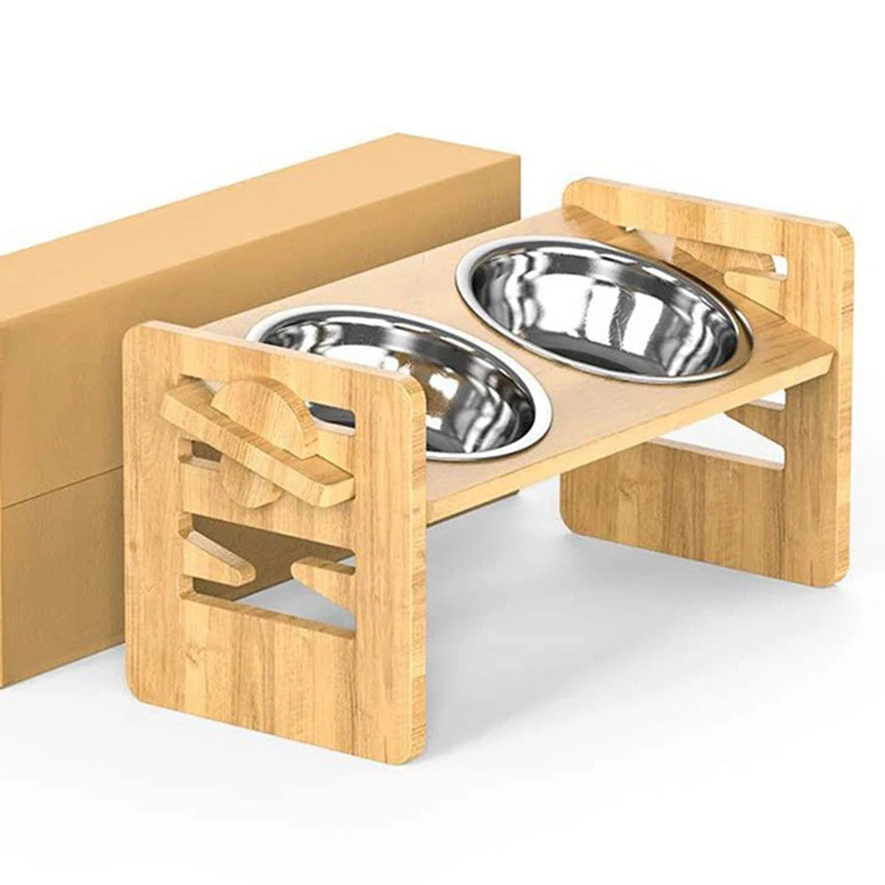 2PCS  Bamboo And Wood Adjustable Cat And Dog Feeding Rack Cat Bowl