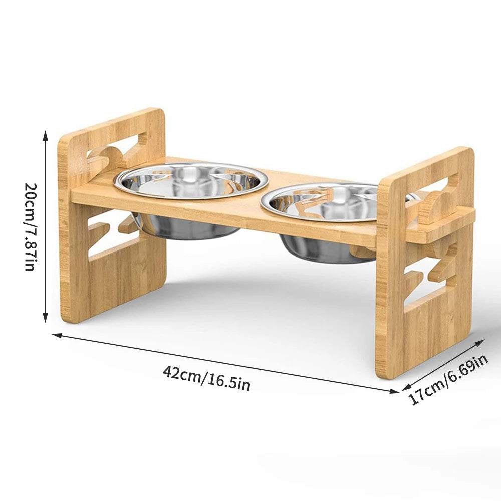 2PCS  Bamboo And Wood Adjustable Cat And Dog Feeding Rack Cat Bowl