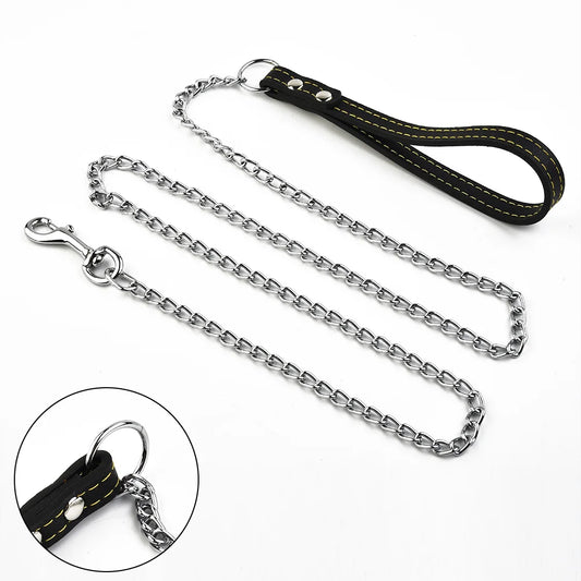 Metal Chain Dog Lead With Leather Style Handle Strong Control Leash