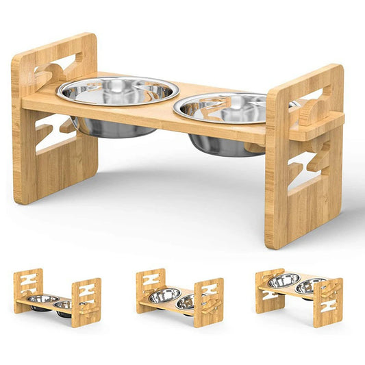 2PCS  Bamboo And Wood Adjustable Cat And Dog Feeding Rack Cat Bowl